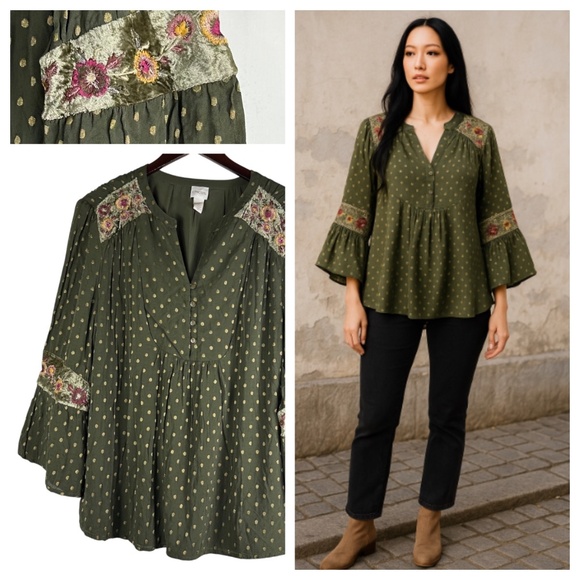 Chicos Shirt Top Tunic Blouse Sz 3 (XL 1X 16 18) Green Floral Peasant Gypsy - Picture 1 of 6